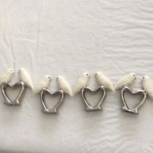 White and Silver Ceramic Napkin Rings Birds on sliver heart